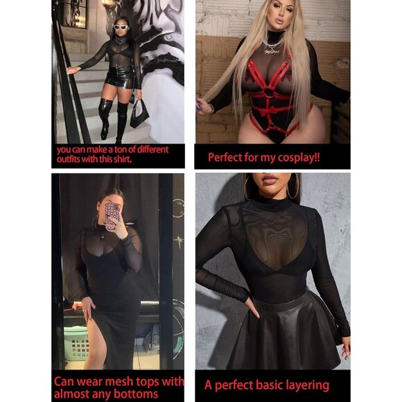 Women Black Long Sleeve Mock Neck Fitted Sexy See Through Going Out Mesh Tops - Picture 6 of 6